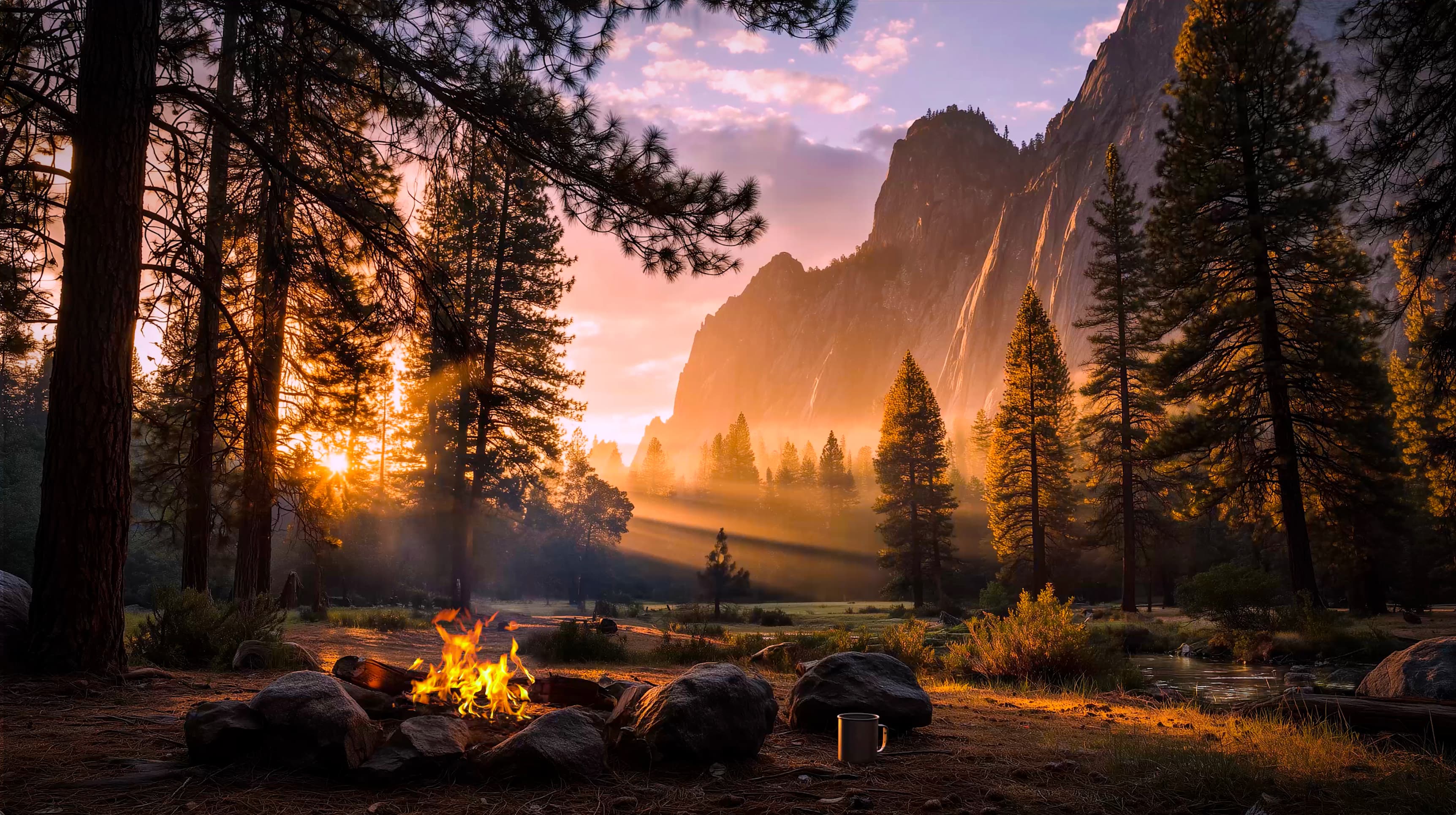 Sunrise through Yosemite Valley pines, with a campfire beneath granite cliffs