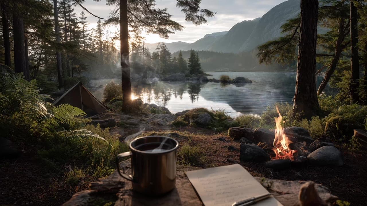 Morning light over a forest lake, with a tent and campfire beside the shore